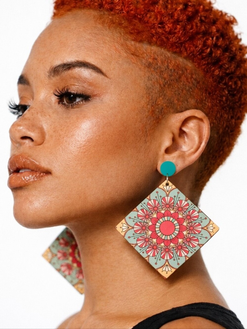 Boho Square/Diamond Mandala Design Wooden Dangle Earrings NWT